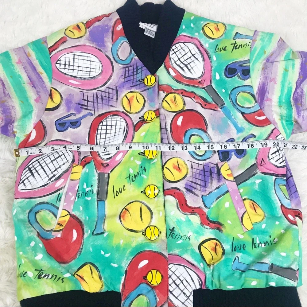 VINTAGE Hand Painted Bomber Jacket Tennis Wearable Art Artsy 80s 90s Size Small - Picture 14 of 15